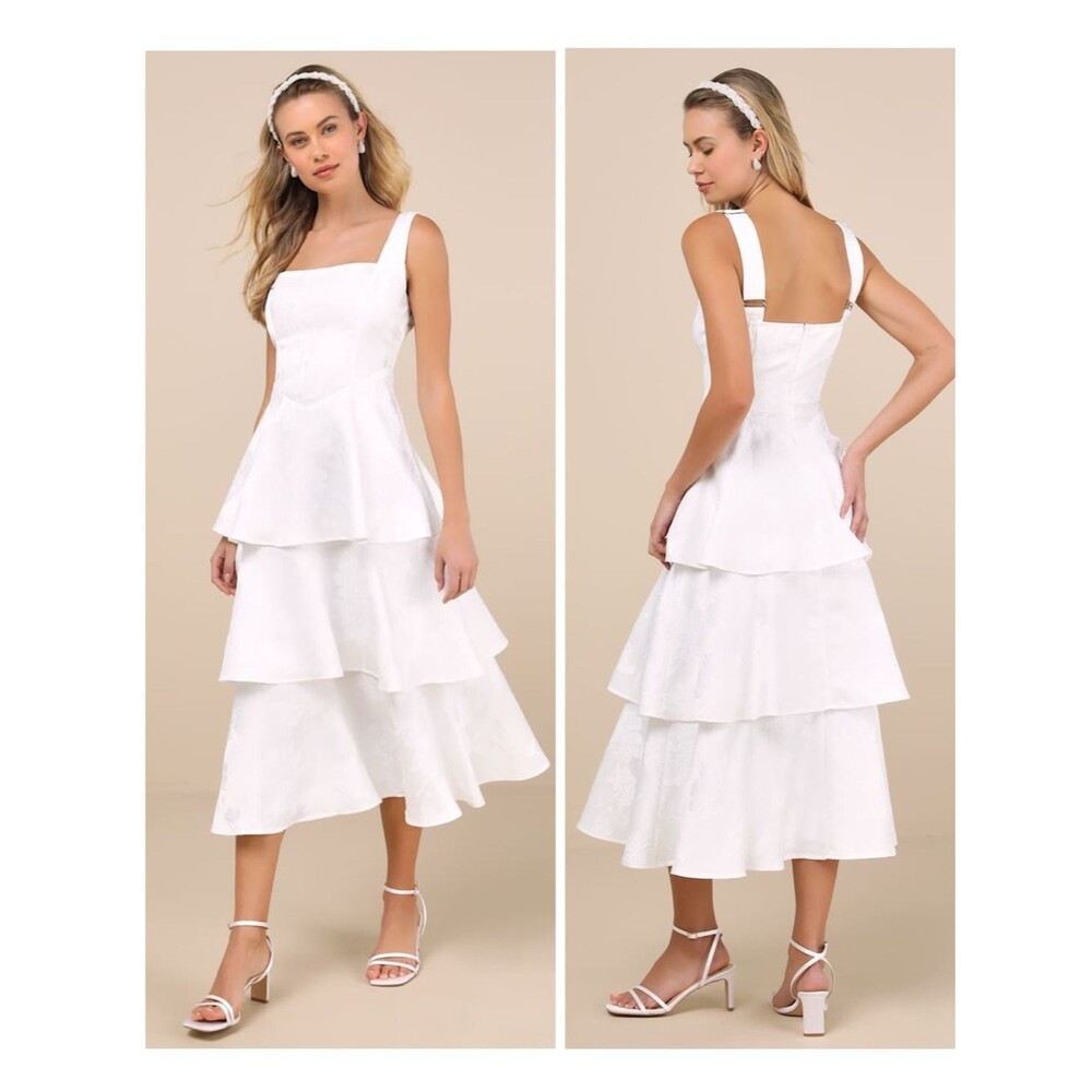 Lulus Elinore White Jacquard Tiered Midi Dress Size XL Feminine Bride Sleeveless - Picture 1 of 9